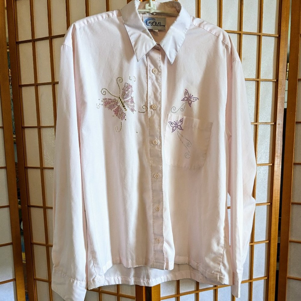 Whimsical butterfly sparkle iron on light pink blouse